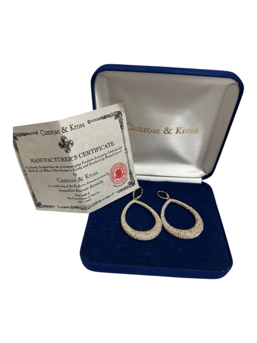 Camrose & Kross JBK Jacqueline Kennedy Crystal Teardrop Earrings Box COA